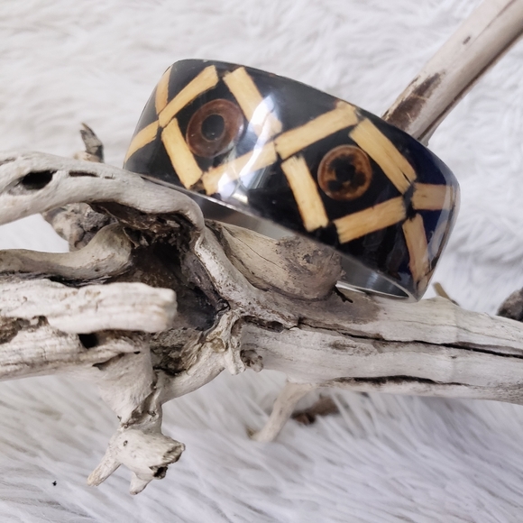 Tribal Wooden Inlay Bangle Bracelet - Picture 4 of 16
